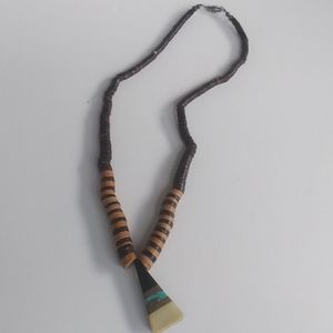 Southwest Wooden Heishi Necklace with Inlaid Turquoise and Shell Pendant